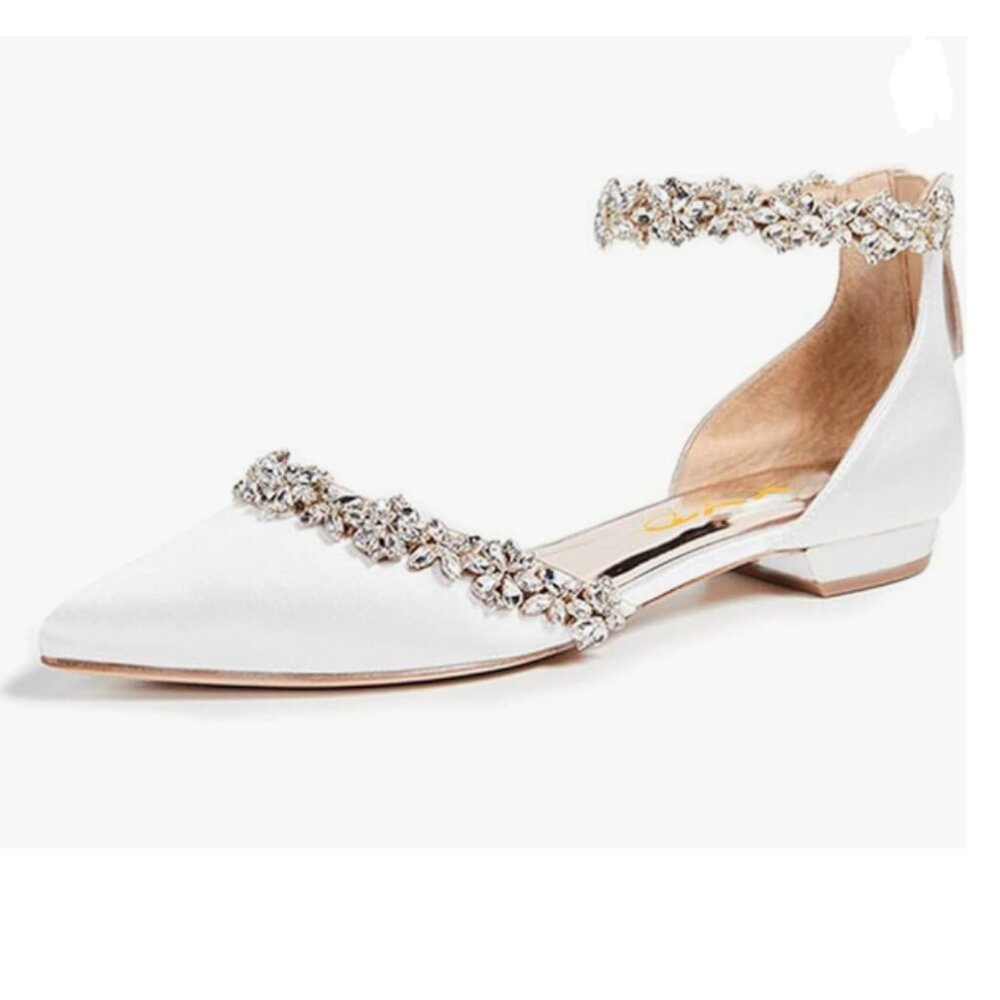 XYD White Pointed Toe D'Orsay Wedding Sparkly Rhinestones Ankle Strap Sandals